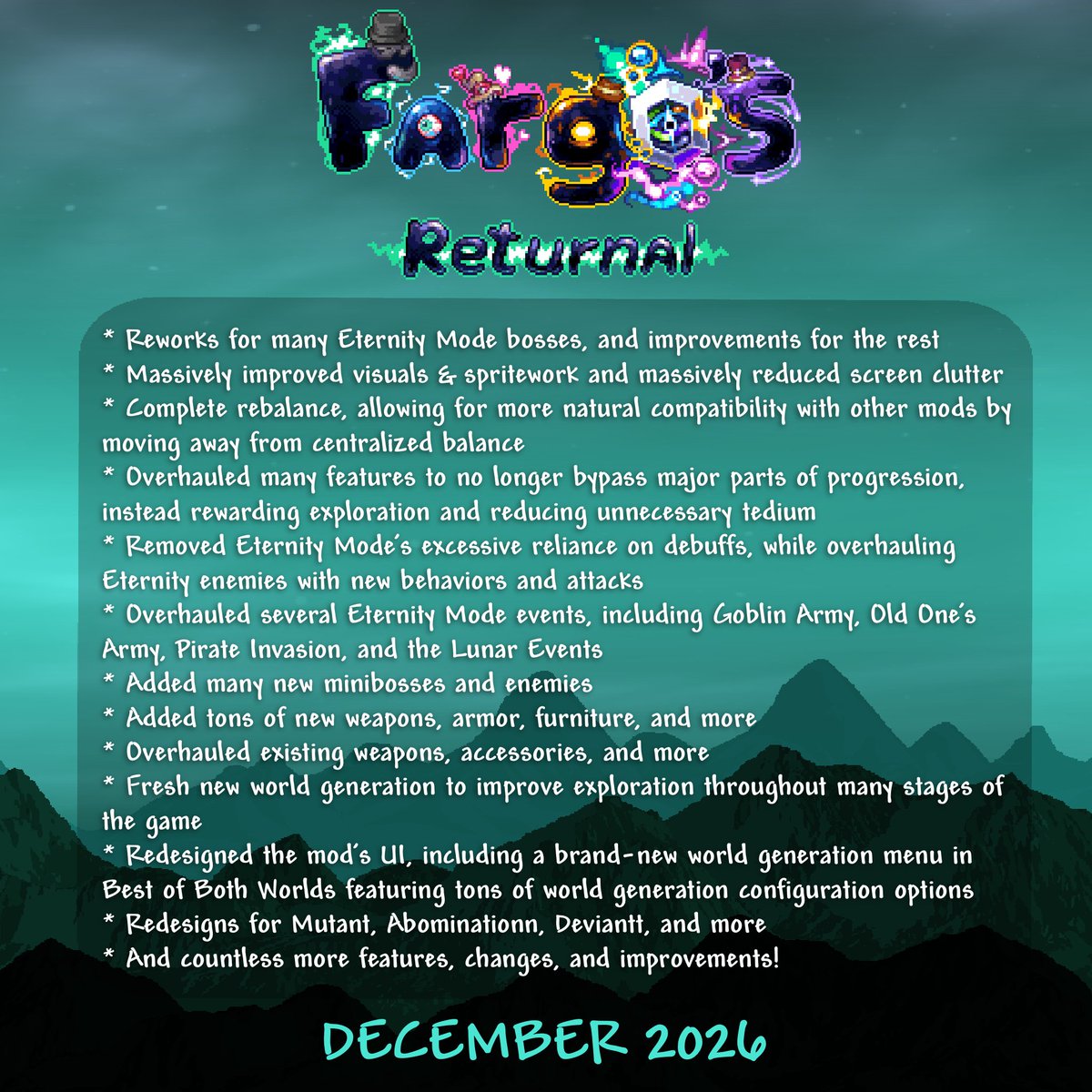 fargosmods's tweet photo. Introducing Fargo's Souls: Returnal. A complete overhaul of the mod!
Here's a rundown of the many changes and additions coming in this overhaul.
Releasing this December!

#terraria #tmodloader #moddedterraria #fargosouls #fargossouls https://t.co/q57Mx5Rtkh