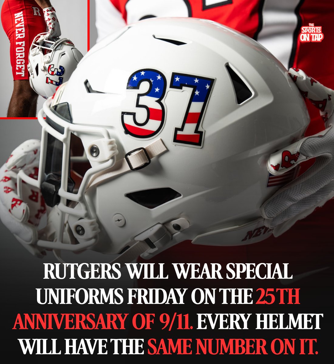 thesportsontap's tweet photo. Boston College and Rutgers were always scheduled to play this season. Boston College moved the game to Friday night on purpose.

September 11, 2026. Twenty five years.

Rutgers is the FBS program closest to New York City. Thirty seven of their alumni were killed that day, including a football letterwinner named James Martello.

So every helmet Friday night will carry the number 37, along with the names of the people it stands for.

Never Forget runs down the sides of the jersey. The striping is a tribute to first responders. Players who wear the gloves can lock their hands together and the gloves read Never Forget too.

Nothing on that uniform is a design choice.

Boston College honors one man.

Welles Crowther was a BC graduate working as an equities trader in the South Tower. He was also a volunteer firefighter back home in Rockland County, New York.

When the building was hit, he went down to the 78th floor sky lobby, where dozens of people were trapped and badly hurt, and started getting them out. He carried a woman on his back down seventeen flights of stairs.

Then he went back up.

He did that over and over.

He is credited with saving 18 people.

The survivors who got out couldn't tell anybody who he was. They didn't know his name. All they could describe was that the man leading them down had a red bandanna tied over his mouth and nose to keep the smoke out.

That's how the world came to know him. The man in the red bandanna.

He didn't make it out.

Since 2014, Boston College has played one Red Bandanna Game every season. The bandanna pattern runs through the numbers, the sleeves and the trim. Where a player's last name normally goes, the jersey reads For Welles.

Friday night is that game.

So on the 25th anniversary, in Chestnut Hill, one team runs out carrying 37 names on their helmets.

The other runs out wearing a dead man's bandanna.