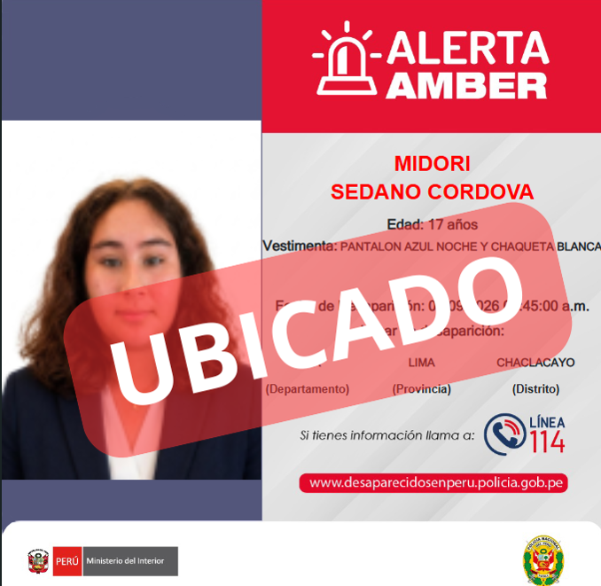 AlertaAmberPNP's tweet photo. 🚨UBICADA |MIRODI SEDANO CORDOVA de 17 años de edad, ya ha sido UBICADA 🙌🥳.
🙏Gracias a la rápida difusión; así como el apoyo de todos quienes compartieron la información.
#AlertaAmber #policiaperu #desaparecidoenperu #ahora #Ubicada https://t.co/LrIfWhtVSf