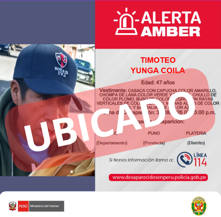 AlertaAmberPNP's tweet photo. 🚨UBICADO | TIMOTEO YUNGA COILA de 47 años de edad, ya ha sido UBICADO 🙌🥳.
🙏Gracias a la rápida difusión; así como el apoyo de todos quienes compartieron la información.
#AlertaAmber #policiaperu #desaparecidoenperu #ahora #Ubicado https://t.co/FV6ipnt4Jk