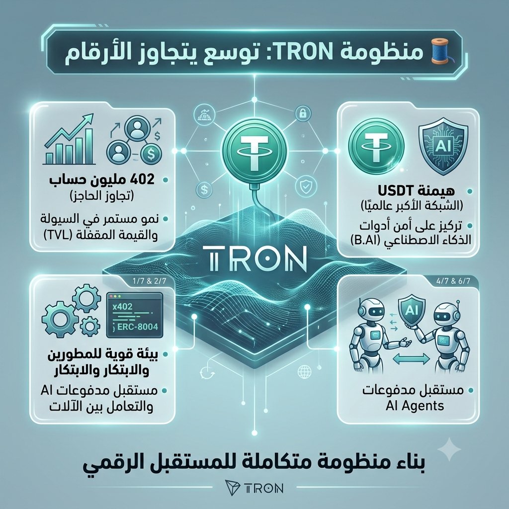 G8TQ6's tweet photo. 🧵 ثريد:  TRON لا تكتفي بالنمو… بل توسّع نطاق ما يمكن أن تبنيه فوق الشبكة. 🚀

خلف أرقام الحسابات والسيول�� وUSDT، هناك تطورات في البنية التحتية 🏗️، أدوات المطورين ، الأمن  وحتى اقتصاد مدفوعات وكلاء الذكاء الاصطناعي 🤖.

تقرير 7 سبتمبر يكشف عدة إشارات تستحق التوقف عندها 👇

1/7

🌐 402 مليون حساب… والنمو مستمر 📈

تجاوز إجمالي حسابات TRON حاجز 402 مليون حساب، مع تسجيل نحو 296 مليون دولار 💵 من حجم التداول خلال 24 ساعة.

أما القيمة المقفلة في منظومة DeFi 🔒 فبلغت 28.059 مليار دولار، لتحتل الشبكة المرتبة الثامنة عالميًا .

هذه الأرقام تعكس اتساع النشاط فوق الشبكة.

#TGF #TRON
#TRONGlobalFriends