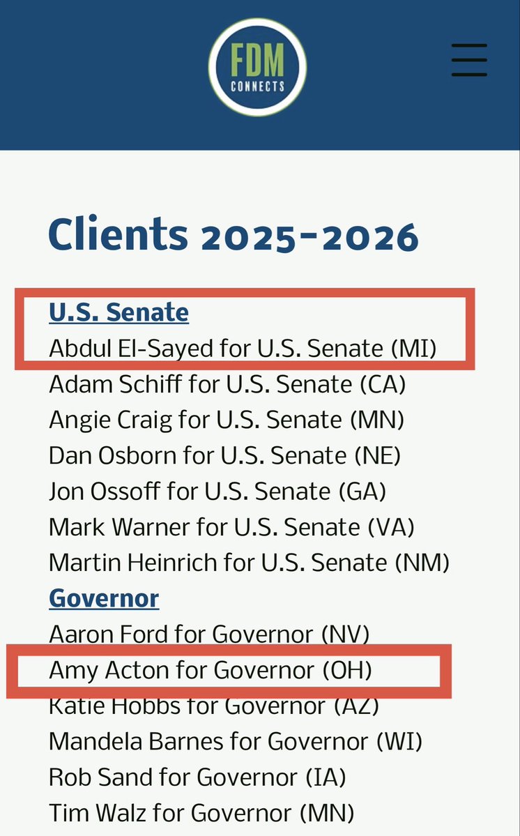 LauraLoomer's tweet photo. EXCLUSIVE: 

🚨 “Moderate” Democrat Amy Acton Exposed: Ohio Gubernatorial Candidate Using Identical Progressive Playbook and Consultants as Jihadist Abdul El-Sayed and Nazi Graham Platner 🚨 

Ohio Democrat Amy Acton has spent her entire campaign selling herself as a “moderate Democrat”. Ohio state campaign finance records tell a different story.

Her committee “Ohioans for Amy Acton and David Pepper” has dumped more than $1 million into FDM Connects LLC, the same fundraising direct-mail operation used by Abdul El-Sayed @AbdulElSayed and Graham Platner. This is not a small shared contractor. Their website even features @amyactonoh on the front page, alongside @Tim_Walz, @ossoff, @SenAdamSchiff and @katiehobbs. 

See screenshots below 👇🏻 

FDM Connects is one of @amyactonoh’s largest vendors. When a candidate running as a “moderate” is wiring seven figures into the same election machine as the Democrat Party’s most radical Senate nominees, voters should take notice.

The money trail proves Acton is running a progressive fundraising playbook.

.@amyactonoh can pretend to be a moderate Democrat all she wants, and she can pretend to be pro-Israel all she wants, but the receipts prove she is running the same radical playbook as Graham Platner and Abdul El-Sayed, two Democrat Senate candidates who embrace hatred for America, Islamic jihad, Jew hatred, and communism. 

It’s worth noting that FDM Connects is trying to hide the fact that Graham Platner was their client, because they have removed his name from their website under their “clients” section for the 2025-2026 election cycle, even though campaign records prove @grahamformaine Graham Platner hired FDM Connects and paid them $626,988.29 in 12 individual disbursements from October 2025- June 2026. 

There’s a reason why these candidates all share the same vendor. It’s because they share the same communist policies and values, and they are trying to appeal to the same radical voting demographic. 

When the most radical and far left  candidates share the same election machine, it is NOT a coincidence. 

Ohio voters, BEWARE! 

@LoomeredStrat 

RECEIPTS ⬇️⬇️⬇️⬇️