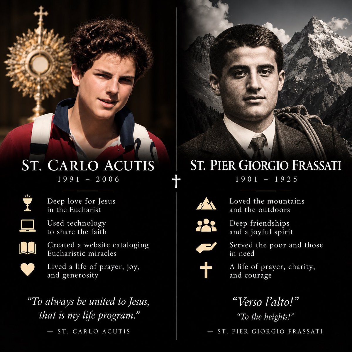 faithbridgeproj's tweet photo. One year ago today, two young men were declared saints of the Catholic Church ✝️

St. Carlo Acutis &amp; St. Pier Giorgio Frassati — pray for us. 🙏

#Catholic #Saints #CarloAcutis #PierGiorgioFrassati #Jesus https://t.co/mMV4G3qdcM