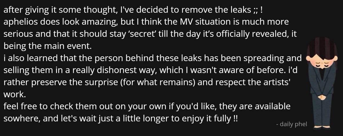 dailyaphelios's tweet photo. about the leaks !! 🙏 https://t.co/KdWnlAyQxf