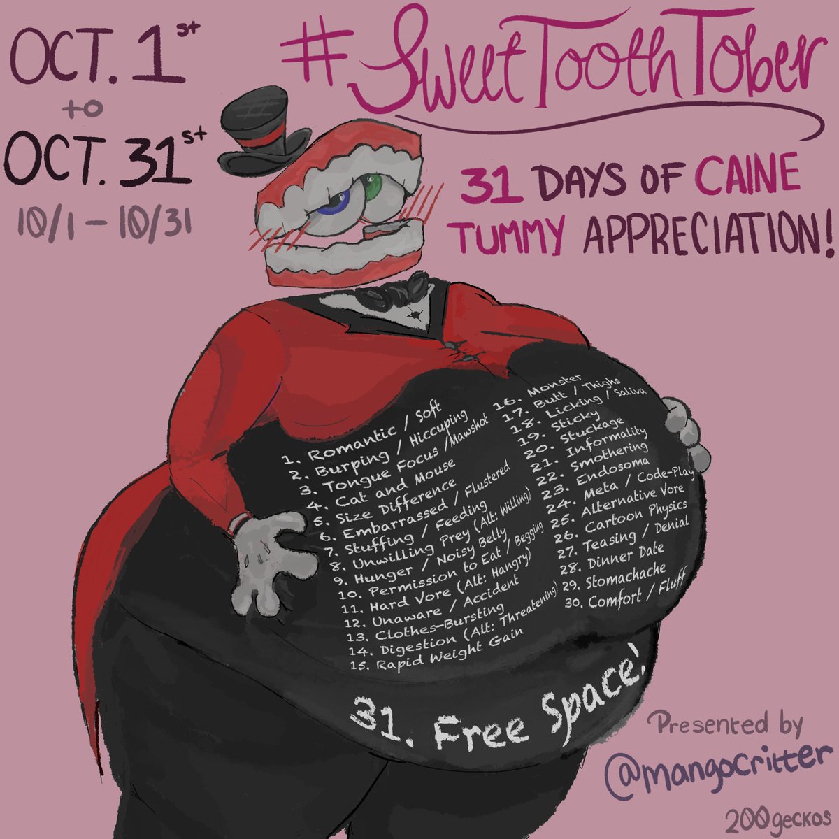 mangocritter's tweet photo. hi everybody! @200GECKOS and i present to you... #SweetToothTober !!! a variation of kinktober specifically for Caine and that lovely tummy of his! there's a mix of vore, stuffing and more! we look forward to your participation this october😋💕#digitum #sweettoothnsfw #tadcvore https://t.co/4DakA6Qch8