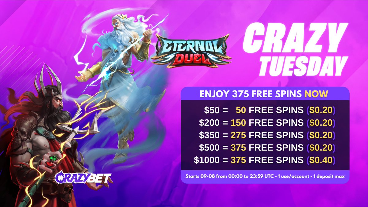 crazybet's tweet photo. Crazy Tuesday is live! 

💵 Up to 375 Free Spins on Eternal Duel
⏱️ September 8th 00:00 to 23:59 UTC  

50 FS for 2 winners. RT and drop your ID  🎰 https://t.co/1YAYkvimC2