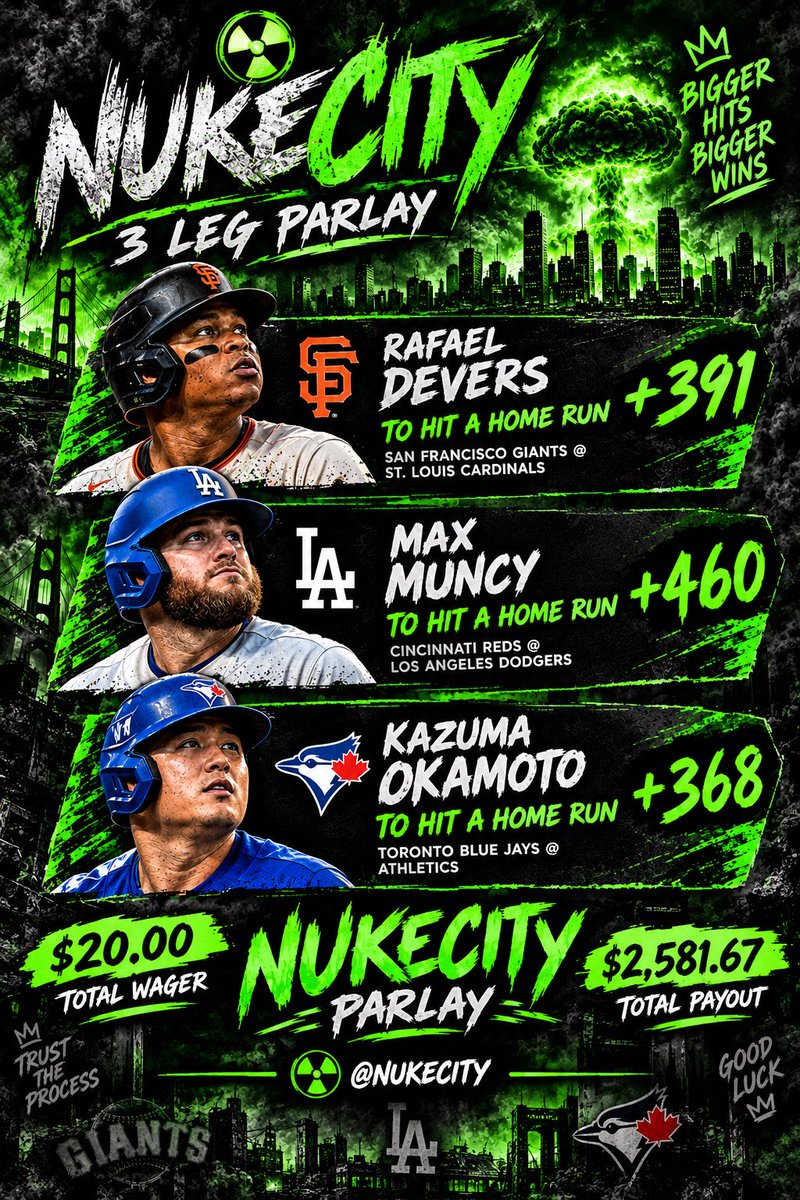 HParlays_'s tweet photo. 💣 NUKE CITY 3-LEG HR PARLAY ☢️
Devers HR +391 🔥 Muncy HR +460 💣 Okamoto HR +368 🚀
💰 $20 → $2,581.67 🎯 LET IT RIDE.
#MLB #SportsBetting #Parlay #NukeCity #HRParlay https://t.co/LWIuoFe3Fj