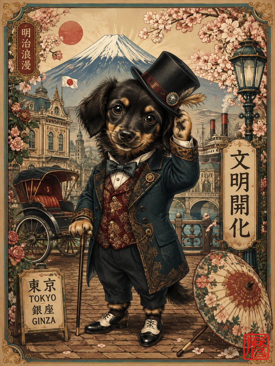 KoyomiPaws's tweet photo. この1枚の写真から、
チャピ助を「明治浪漫の紳士」にしてみました。

面影がいちばん残っているのはどこ？
①目　②耳　③首のかしげ方🐾

From one puppy photo to a Meiji-era gentleman.
What still looks most like him?

#チワックス #JapaneseArt #PetPortrait https://t.co/ORMWnEcoQ5