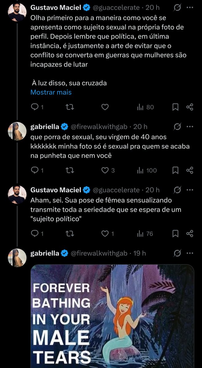 firewalkwithgab's tweet photo. esse homem é perturbador, mas os homens que concordam com ele me preocupam ainda mais. olha a forma como enxergam mulheres: ele vê uma foto absolutamente comum, me reduz a “fêmea sensualizando” e depois usa a sexualização que ELE projetou sobre mim para questionar minha capacidade política
