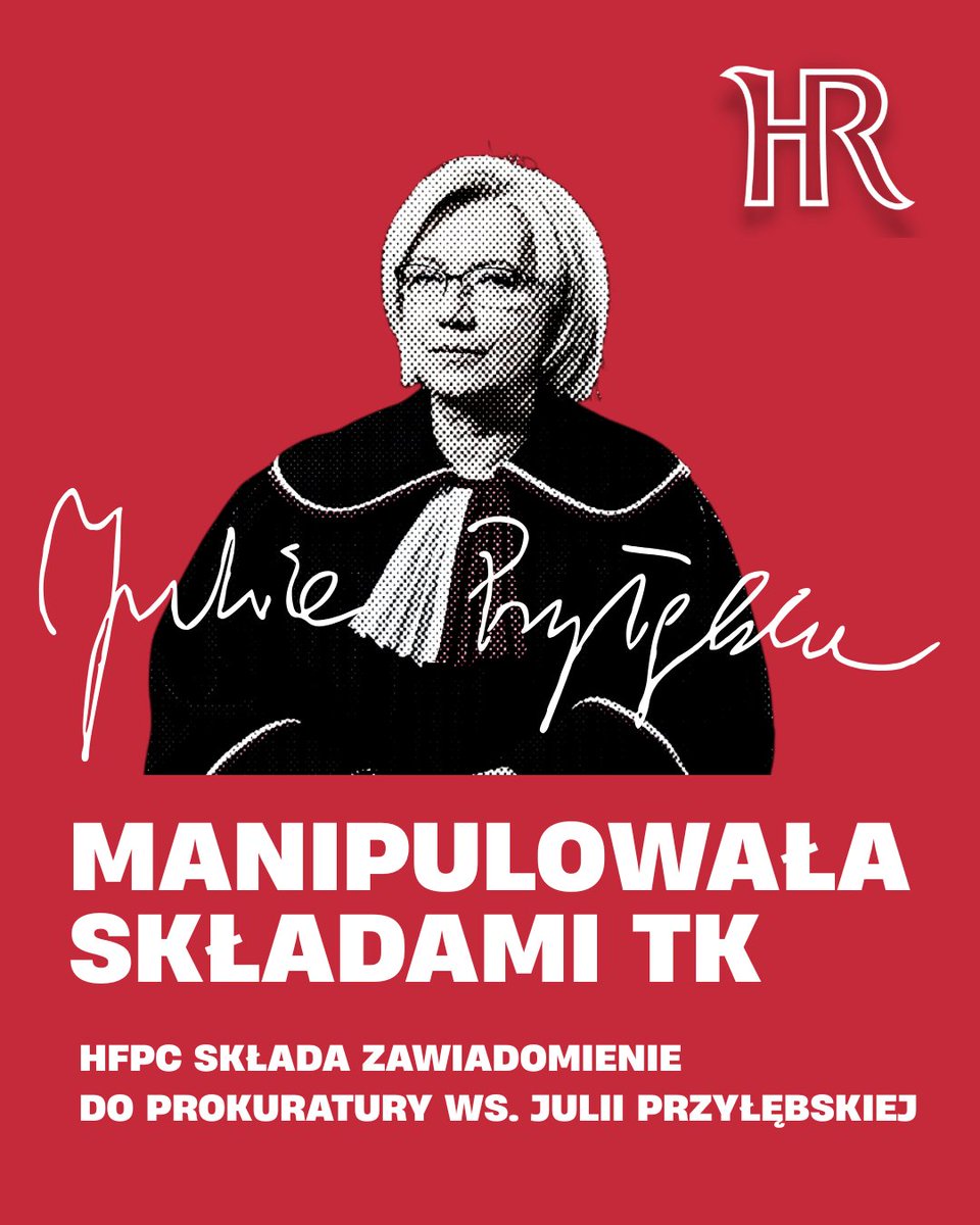 hfhrpl's tweet photo. 🚨 HFPC skierowała do Prokuratora Generalnego zawiadomienie o uzasadnionym podejrzeniu popełnienia przestępstwa przez Prezes TK Julię Przyłębską.
Sprawa dotyczy manipulowania składami orzekającymi Trybunału Konstytucyjnego.
Przez blisko 6 lat Fundacja starała się o dostęp do danych o zmianach składów. Uzyskała je dopiero po wygranych sprawach przed WSA i NSA.
Z analizy wynika, że w latach 2015–2020 skład sędziowski zmieniono w 885 sprawach. Co najmniej 176 zmian mogło nastąpić z powodów innych niż śmierć sędziego lub koniec jego kadencji.
Zdaniem HFPC opisane działania mogły wyczerpywać znamiona przestępstwa przekroczenia uprawnień przez funkcjonariusza publicznego.
https://t.co/Ea525AJRXw