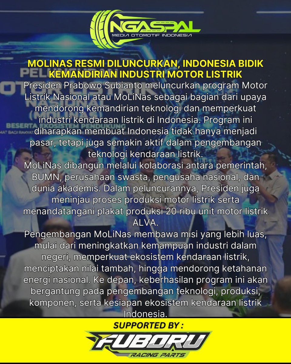 JonnieFall20's tweet photo. INDONESIA ACCELERATES ITS NATIONAL ELECTRIC MOTORCYCLE DRIVE! President Prabowo officially launched MoLiNas, or National Electric Motorcycles, to boost technological independence and strengthen Indonesia’s EV industry. Can MoLiNas make Indonesia a https://t.co/lgXvc4WQb6