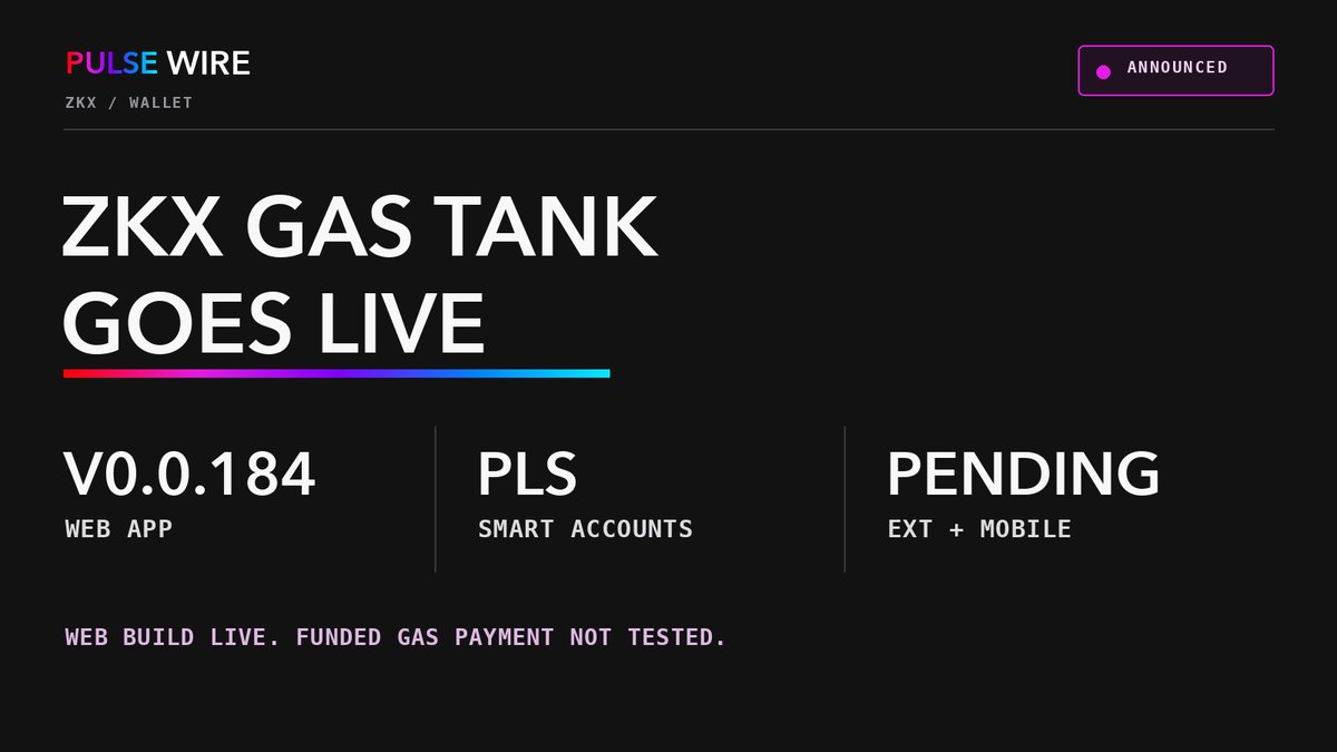 PLSWire's tweet photo. ZKX says Gas Tank and Smart Accounts are live in its web app.

Gas Tank lets users pay fees with supported tokens instead of native gas. PulseChain Smart Accounts are included.

The app loads, but no funded payment was tested. Extension and mobile updates remain pending. https://t.co/85MqfYmnk9