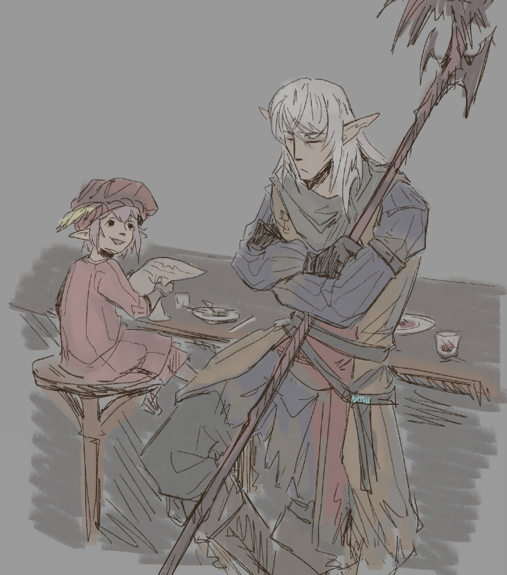 Neflill's tweet photo. i really do think estinien and tatru would be friends actually, old doodle https://t.co/LFh3U2nWiH