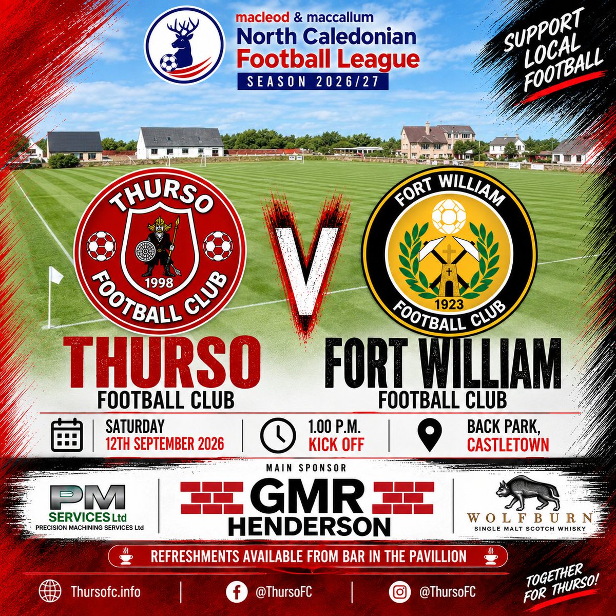 ThursoFC's tweet photo. Next up we host @FortWilliamFC in The @MacandMac28 @NorthCaleyFA this Saturday with a 1 p.m kick off at Back Park, Castletown . Refreshments available at the bar in the pavillion. sponsors - https://t.co/2vXwMrPAra , PM Services and @wolfburn_whisky #TFC #Vikings #NCFL https://t.co/bjFK7bvdMY