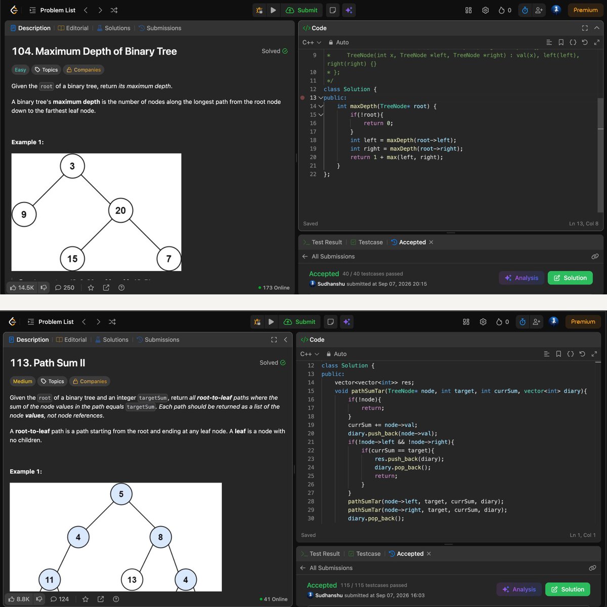 yerique_'s tweet photo. Day 27 of #100DaysOfCode
~ DSA:
✓ 8 LC (5E, 3M): 104, 110, 111, 112, 113, 129, 543, 958
↳ Learned tree validation & path-sum concepts via lectures, then built the intuition across 8 questions.
~ Dev:
- Revised axios, state management, prop drilling & Recoil.
#DSA #React https://t.co/MeKRIIRTFU