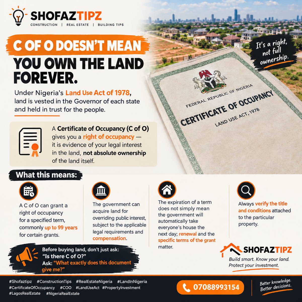 shofaz28's tweet photo. SHOFAZTIPZ 🏗️
Build smart. Know your land. Protect your investment.

#Shofaztipz #ConstructionTips #RealEstateNigeria #LandInNigeria #CertificateOfOccupancy #COO #LandUseAct #PropertyInvestment #LagosRealEstate #NigeriaRealEstate https://t.co/xUngMzBWm6