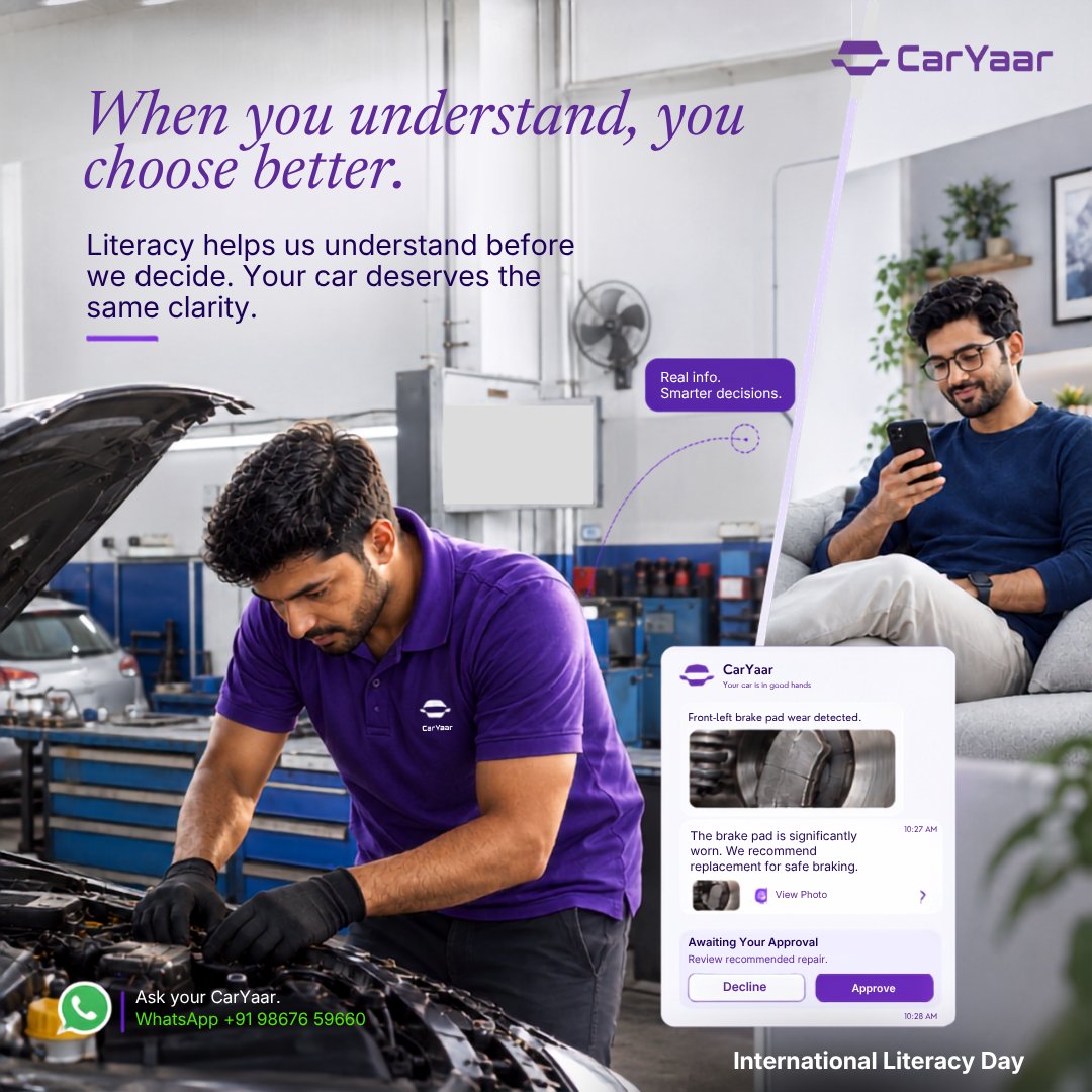CarYaarAuto's tweet photo. Understand better. Choose better. 💜

This Literacy Day, give your car the clarity it deserves with CarYaar.

#CarYaar #InternationalLiteracyDay https://t.co/cGsDYTIqok
