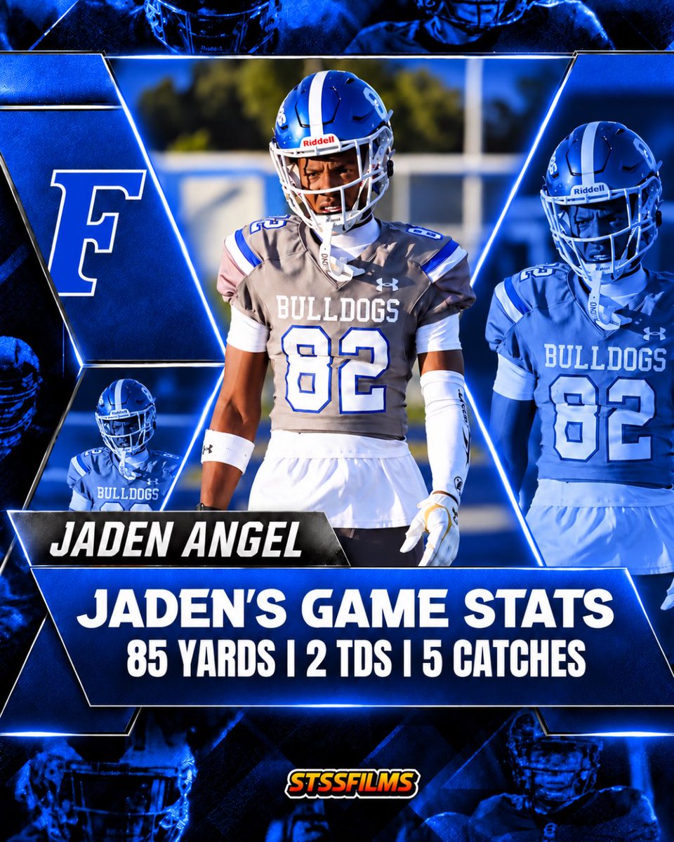 STSSFilms's tweet photo. Folsom’s sophomore WR Jaden Angel’s game stats against Mission Viejo: 85 yards and 2 TDs on 5 catches. @jadenangel21 @Passing_Academy @FolsomBulldogFB @BrandonHuffman @CoachScottRob https://t.co/EUn4awNeBB