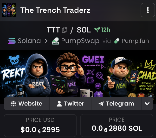 Trenchlife01's tweet photo. GN from the bunker.

$TTT graduated today.
DexScreener profile is live.
Thank you to everyone who stayed in the room.

GWEI missed the public teardowns today.
That was on us.
They resume tomorrow.

Terminal upgrade lands this week.
Same rules: unknown stays unknown.

CA:
91aNiH4HyhT46KK4FtVmPvw7sqQuDMMabZsn9ijjpump