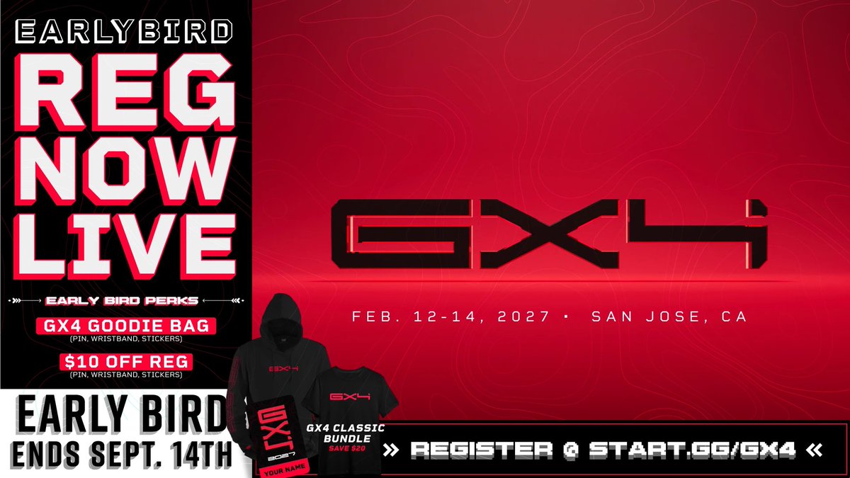 Genesis_Smash's tweet photo. GX4 EARLY BIRD REG ENDS IN 1 WEEK! 

📅MONDAY, SEPT. 14TH

SAVE MONEY! GET FREE STUFF! BUY MERCH! 

https://t.co/aIs2y3sQJW https://t.co/L4PZN5L1ng