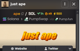 JustApeOfficial's tweet photo. 9 trending in the overall market on dex! https://t.co/PVLsqnsrOO