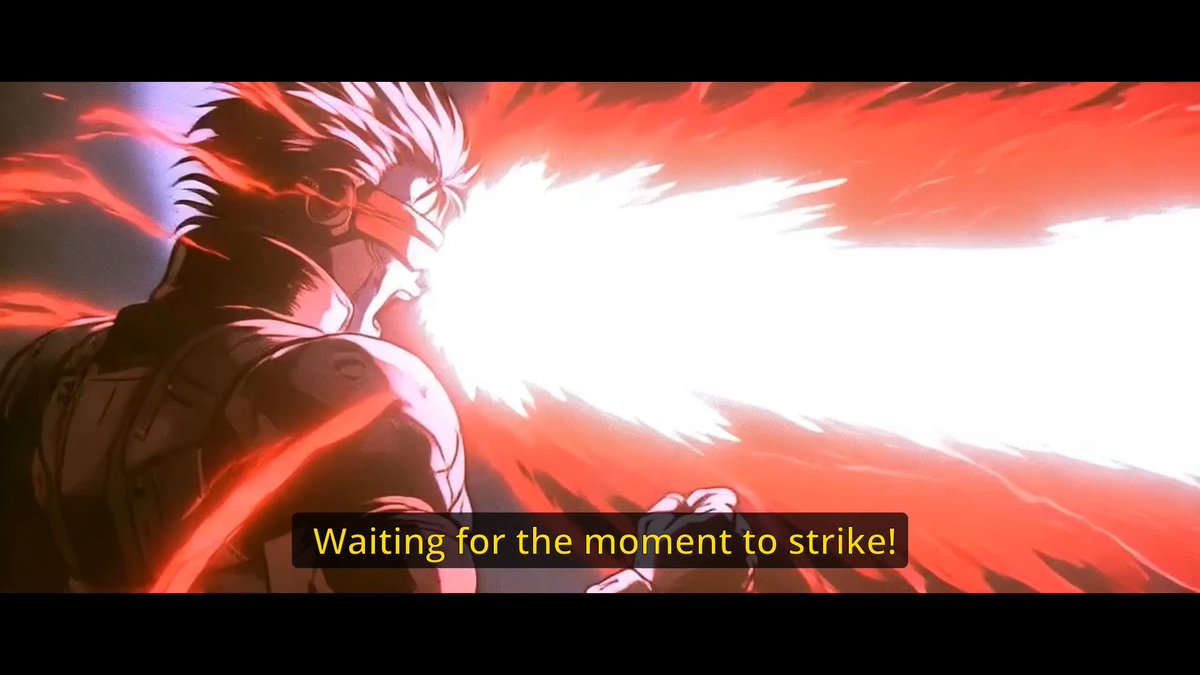 A spiky-haired anime character in a red visor fires a powerful energy beam with the subtitle "Waiting for the moment to strike!" — capturing the predatory timing of a content creator poised to capitalize on gaming industry turmoil as new followers flock in.