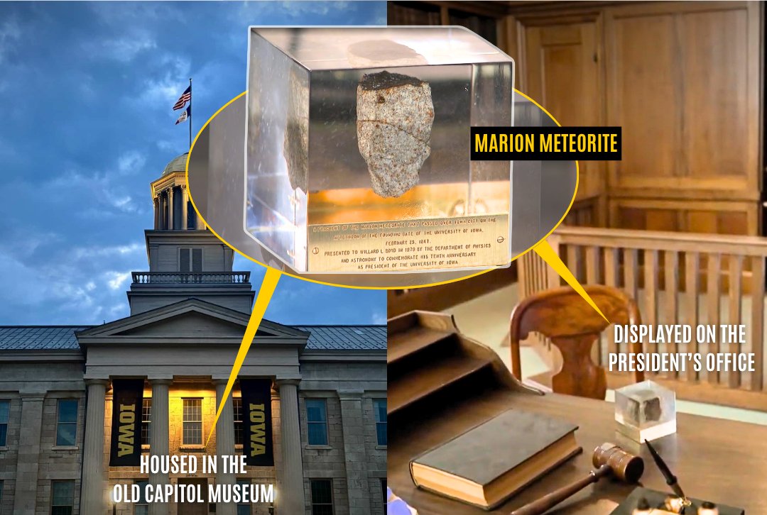 Marion meteorite displayed in a clear case on the President's office desk with books and a gavel nearby featuring a left side photo of the old capitol where the meteorite resides