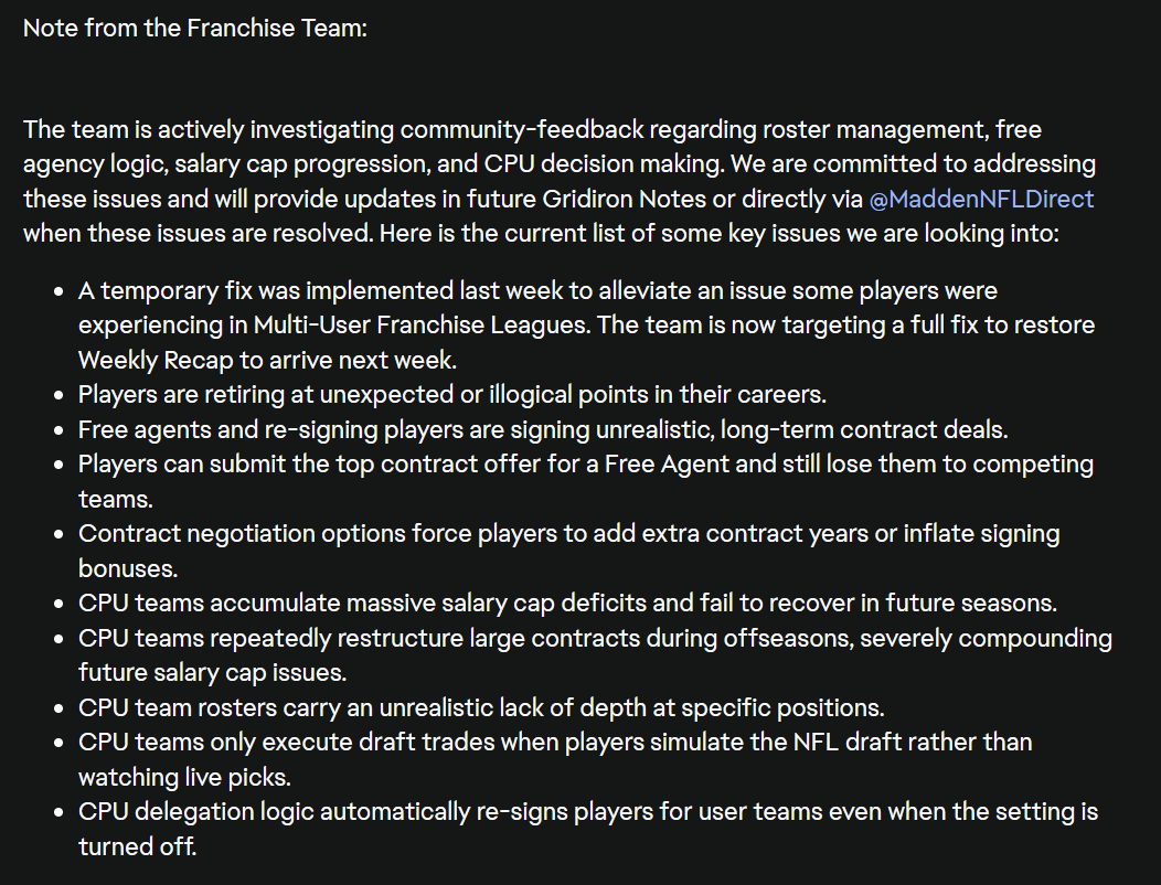 MillsTwitch's tweet photo. Quick Reminder:

These are things the Madden 27 Franchise Dev teams knows about and are fixing. Should be in an upcoming title update.

I know it's been a bit (8/25) since they announced it, but it's still coming from what I hear: https://t.co/8liOU1PX2y