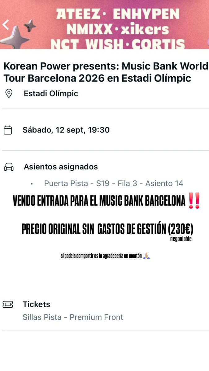 __tldksk's tweet photo. VENDO ENTRADA PARA EL MUSIC BANK BARCELONA PRECIO ORIGINAL‼️‼️ 

si me ayudais a difundirlo os lo agradecería un montón 🙏🏻🫶🏻 https://t.co/RO3Eufxne8