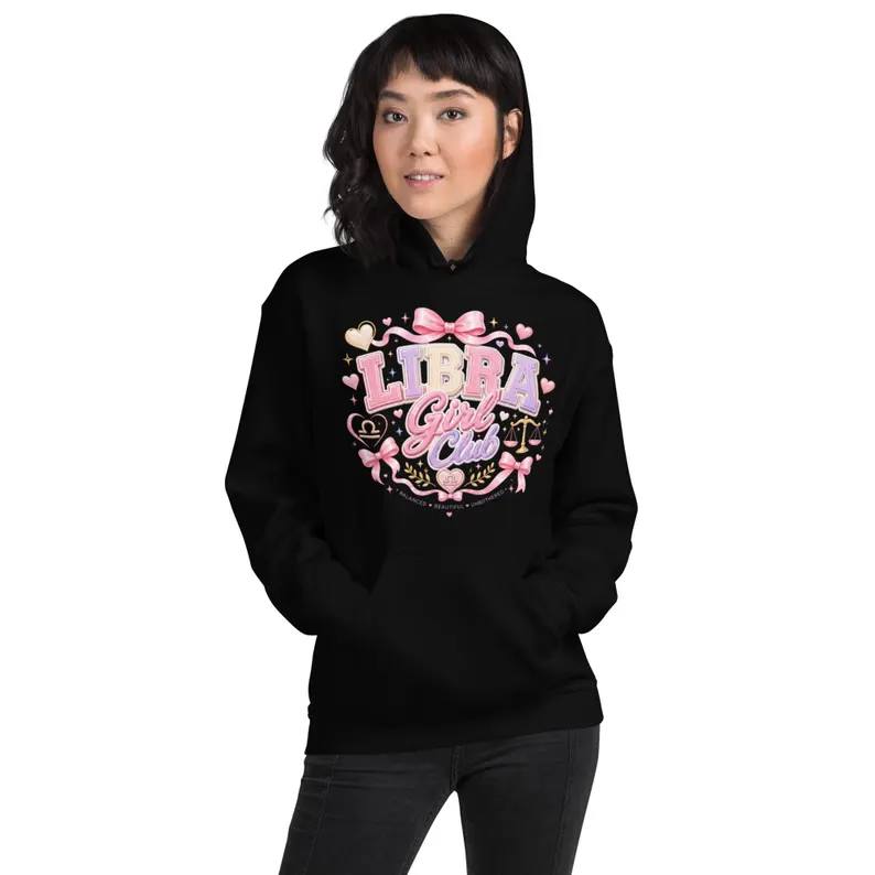 LorenaSwaitaaq's tweet photo. Officially in the Libra Girl Club! Sweet, stylish, balanced, and full of charm—this cozy hoodie is perfect for proud Libra girls who love soft pink details, bows, hearts, and zodiac energy. https://t.co/tk7nyv3JI3