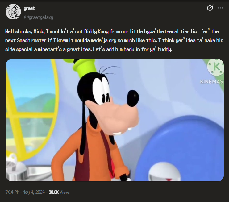 hevvenworld's tweet photo. whenever i see people complain about a fake smash roster someone made this tweet immediately flashes into my mind https://t.co/yHQU5hEfyc