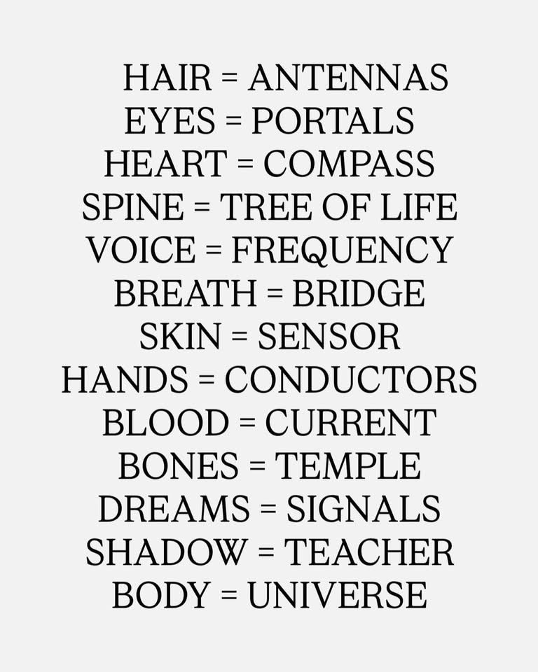 maximumpain333's tweet photo. What if your body has been speaking a symbolic language your entire life?

Hair as antennas.
Eyes as portals.
Heart as compass.
Spine as Tree of Life.
Blood as current.
Dreams as signals.

Not literal instructions.

Symbols.

Ways of seeing the human body as more than anatomy alone.

Across cultures, metaphor has helped describe what is difficult to measure: intuition, memory, desire, fear, consciousness, the inner world.

That is what gives these comparisons their power.

They do not replace biology.

Another layer of meaning simply appears.

Which one feels most true to you?