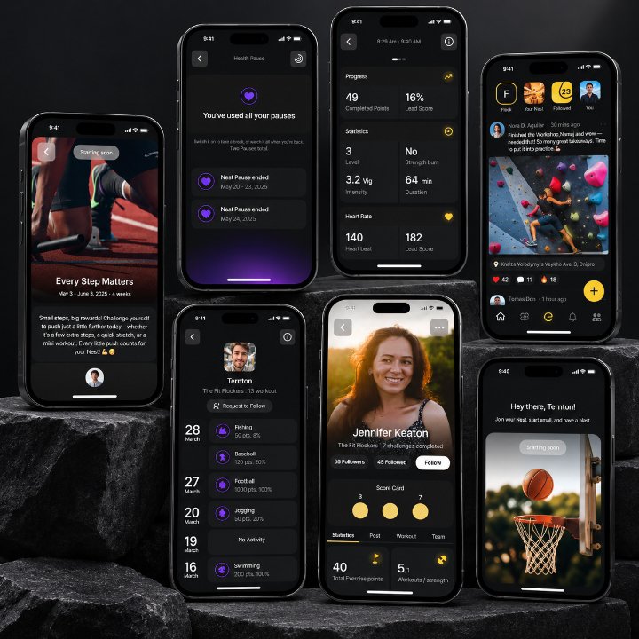 SammyJay74's tweet photo. Day 4 of my 30-Day UI/UX Design Challenge 🚀

Today I designed Nest — a fitness &amp; community app featuring challenges, activity tracking, progress stats, profiles and social interaction.

Exploring a premium dark UI with purple + gold accents. 💜

@PDU Africa

#PDUAfrica #UIUX https://t.co/VO3bABL73s