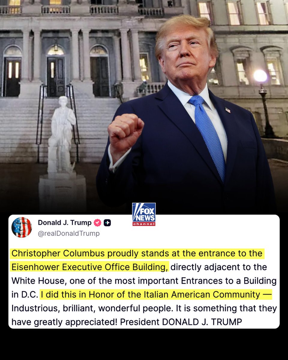 FoxNews's tweet photo. NEW: President Trump puts a spotlight on the Christopher Columbus statue he placed just steps from the White House:

"I did this in Honor of the Italian American Community."

Trump praises Italian Americans as "Industrious, brilliant, wonderful people," adding that the tribute is something "they have greatly appreciated."

The 13-foot, one-ton replica was installed outside the Eisenhower Executive Office Building in March as part of the America250 celebrations.

It was rebuilt in part from salvaged pieces after the original Baltimore monument was toppled and thrown into the Inner Harbor during protests in 2020.
