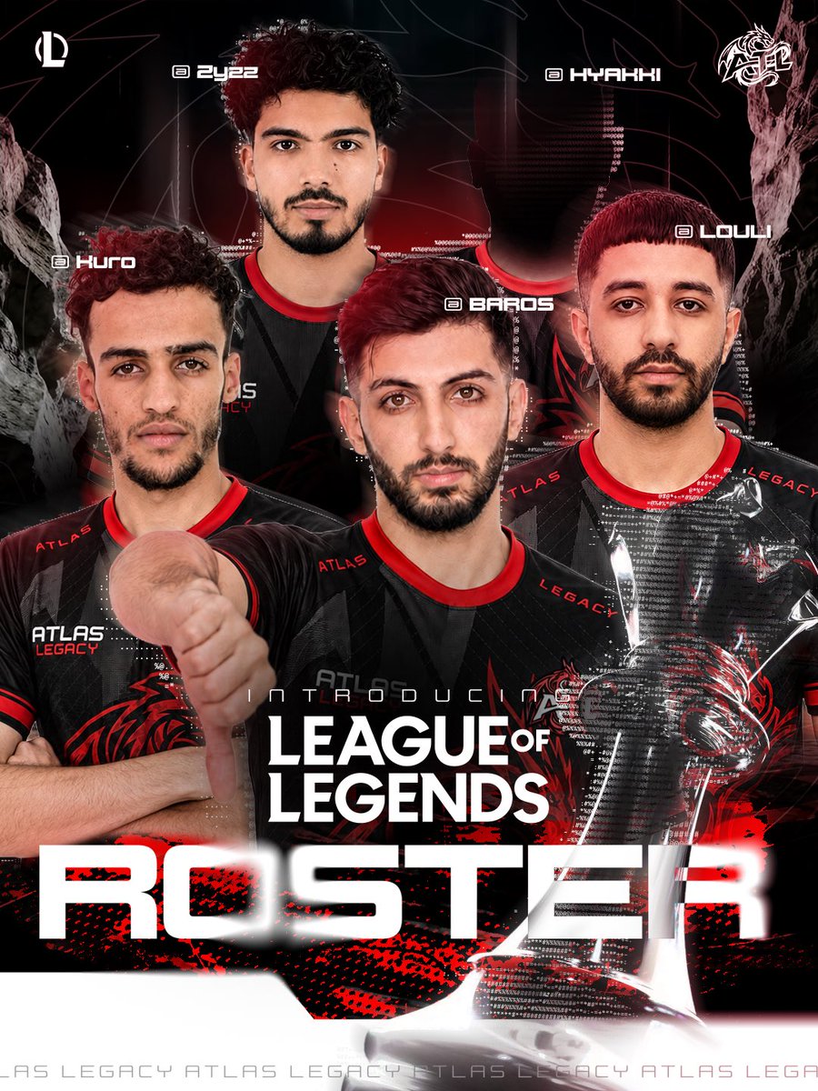 AtlasLegacy_gg's tweet photo. ⚔️ ATLAS LEGACY — LEAGUE OF LEGENDS ROSTER

The Legacy enters the Rift. 🐉🔥

Zyzz — Louli — Kuro — Hayakki — Baros

Five players. One vision. One Legacy.
ATLAS LEGACY — RISE AS ONE. ⚔️

#AtlasLegacy #LeagueOfLegends #AwakenTheLegacy #Esports #LoL https://t.co/S0quBdCcbX