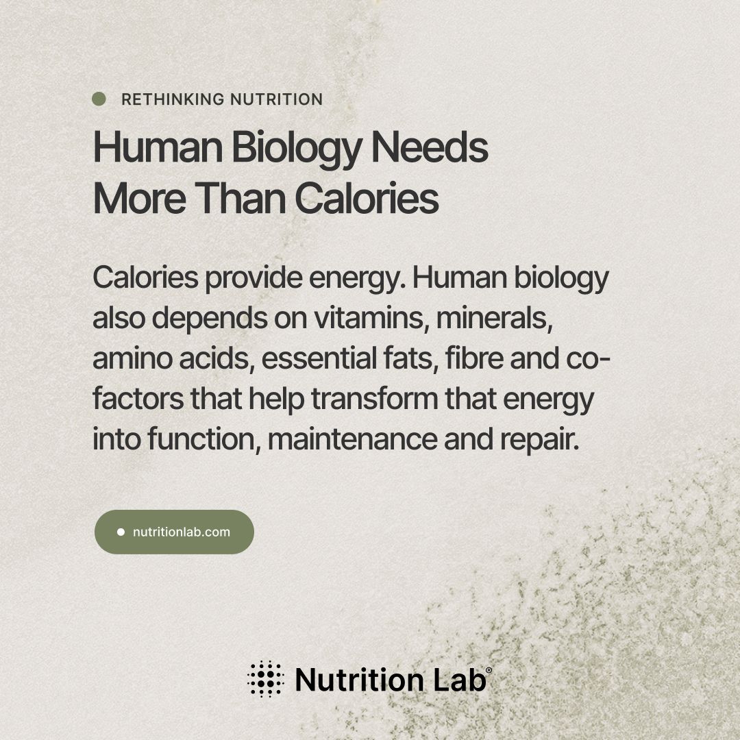 NutritionLabSci's tweet photo. Human Biology Needs More Than Calories

Calories provide energy, but human nutrition extends far beyond energy intake. 

Vitamins act as co-factors. Minerals participate in structural and enzymatic processes. Amino acids provide building blocks. Essential fats contribute to membranes and signalling. Fibre interacts with the digestive ecosystem.

Human biology depends on many different nutritional inputs working together, continuously.

This is why we believe the conversation around nutrition needs to move beyond simply asking how much energy food provides—and toward understanding what biology requires to function well.

https://t.co/2Rlb580TSG

#NutritionLabSciences #FoundationalNutrition #HumanHealth #Phytobiogenics #ChangingGlobalHealthForGood