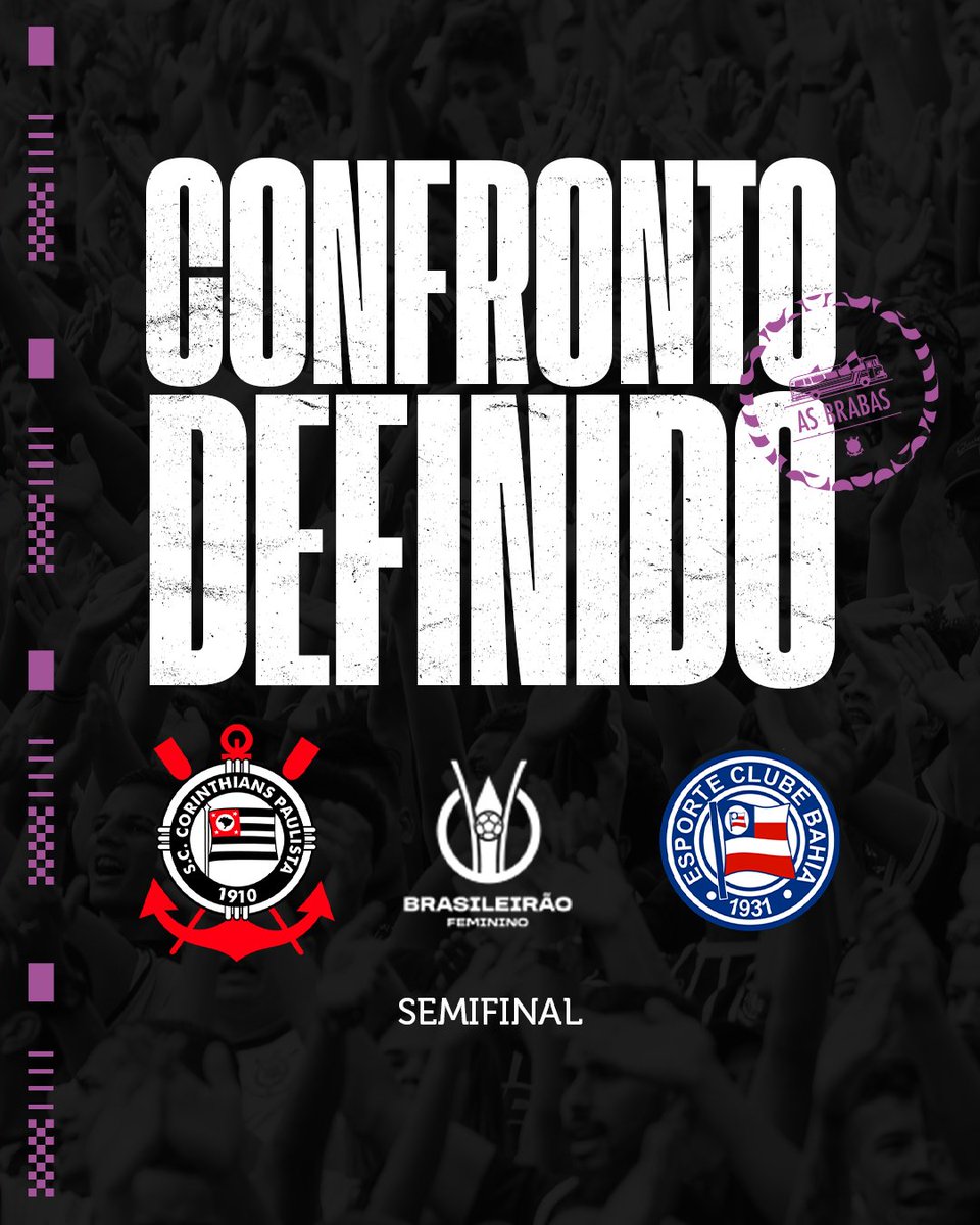 Corinthians's tweet photo. CONFRONTO DEFINIDO! ☑️

#AsBrabas terão como adversário o Bahia na semifinal do Brasileirão Feminino! 🏴🏳️

As partidas estão previstas para ocorrerem nos finais de semana dos dias 13 e 20 de setembro. Em breve, a CBF divulgará os detalhes.

#VaiCorinthians https://t.co/Gzs3EgAfXM