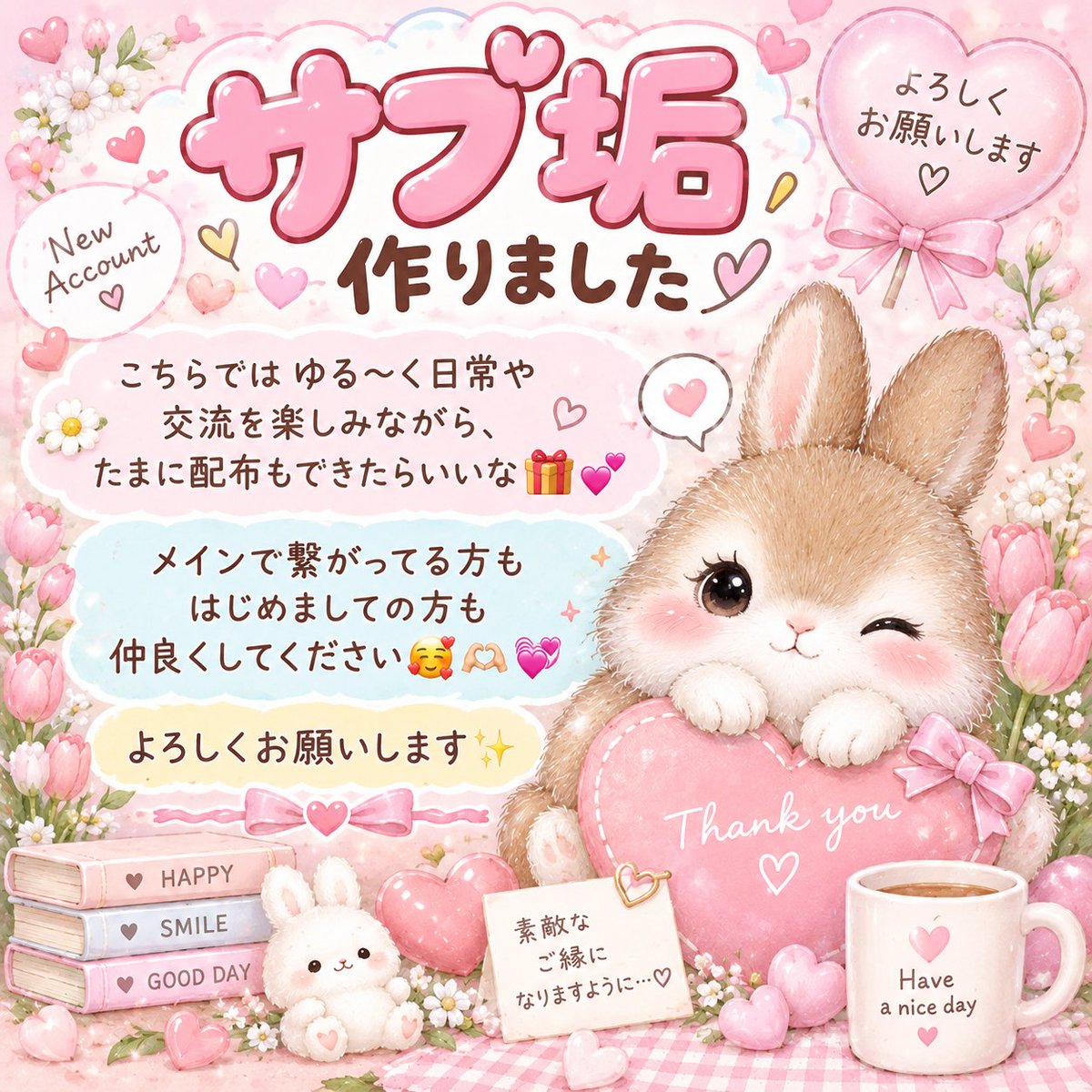 y_room13's tweet photo. サブ垢作りました🐰🌷

こちらではゆる〜く日常や交流を楽しみながら、たまに配布もできたらいいな🎁💕

メインで繋がってる方も、はじめましての方も仲良くしてください🥰🫶

よろしくお願いします✨ https://t.co/xPk3uWcdDs