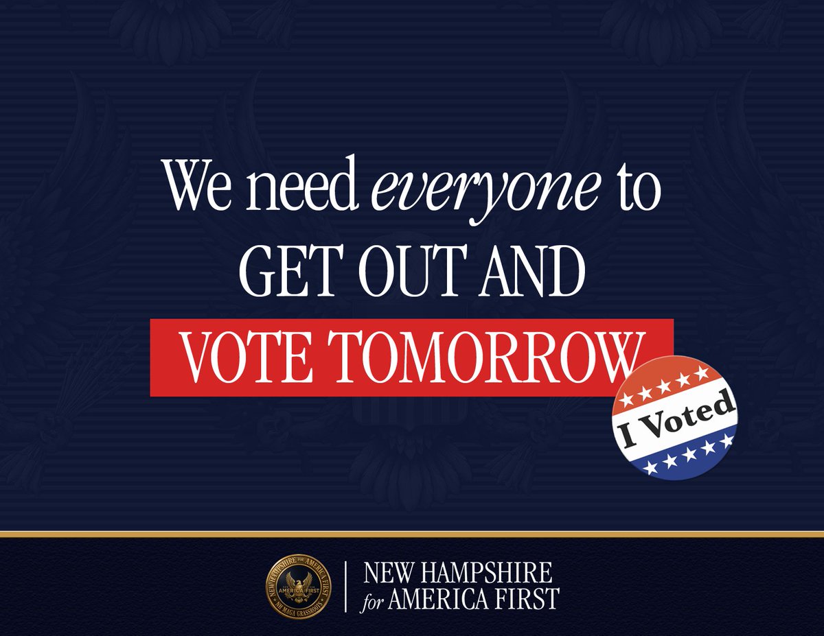 Nh4Trump603's tweet photo. PLEASE GET OUT AND VOTE, VOTE, VOTE TOMORROW!!!
๐บ๐ธ
#NH4AmericaFirst #NH4AF #NHMAGA #NHPolitics https://t.co/nPeTiMLr2g