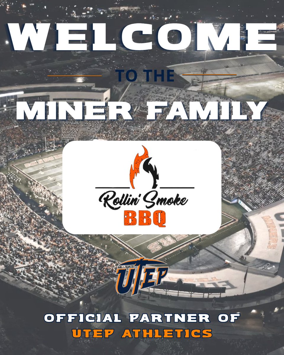 UTEPAthletics's tweet photo. Proud to welcome Rollin Smoke BBQ as an official partner of UTEP Athletics!
We’re excited to team up with a local business that shares our commitment to the El Paso community and bringing people together.
Welcome to Miner Nation! 🧡💙
#GoMiners #UTEP https://t.co/7whmYelW2q