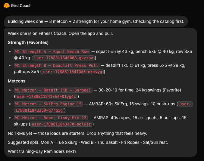 ryness's tweet photo. I started a fitness app 4+ years ago. I took my hand crafted database from that effort and started over a few months ago.

Of course I very quickly surpassed any progress I had made on the previous effort but did I want to build just another fitness app? That didn't feel right in this new AI era.

I put the app on my phone and recorded a few workouts with it. I got distracted and it sat untouched and I stopped recording workouts with it.

That changed today. Over the weekend I turned it into the worlds first (probably) Grok Bot native companion app. It still does fitness, and better than ever, and a lot more too. Working name is Gird. Suggestions welcome.

DM for early access.

@bot @elonmusk @spacexai