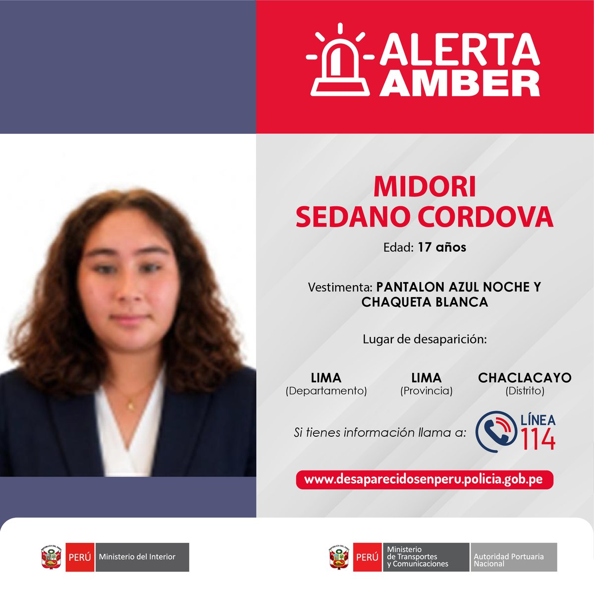 APN_PuertosPeru's tweet photo. #AlertaAmber 🚨Han desaparecido:

▶️ El menor DANDY BRACK QUEVEDO VALERIO de 7 meses.
▶️ El menor CÉSAR JESÚS ARCHI MELCHOR de 10 años.
▶️ CRISTHINA JULIET DIOSES GUTIERREZ de 16 años.
▶️ MIDORI SEDANO CÓRDOVA de 17 años.

Si tienes información, comunícate con la Línea 114. https://t.co/sdzaiH6ir2