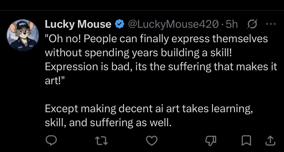 mythryxexe's tweet photo. No AI “art” will be decent, it’s not art if it’s made with AI. It takes no learning, skill, or suffering. There’s nothing human behind it that gives it the quality that real human creation does.

All you need to do is write words into a prompt. “YoU nEeD tO bE gOoD aT tHe EnGlIsH lAnGuAgE tO mAkE aI aRt.” Rot. You don’t need to be good to make AI “art” because you aren’t making art.