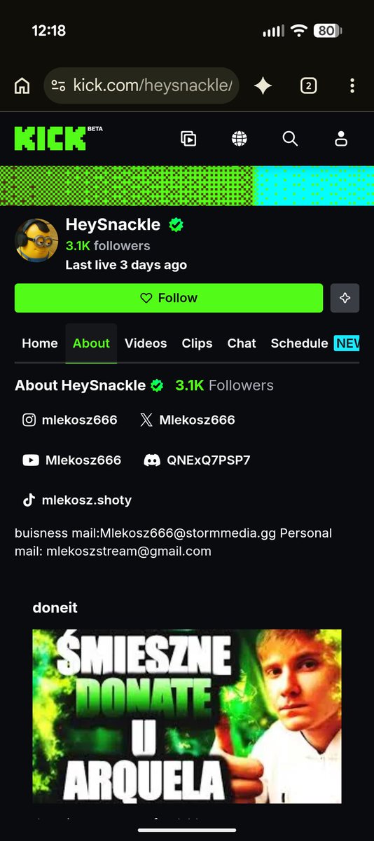 HeySnackle's tweet photo. My kick got hacked today? Whoever the fuck Mlekosz is but get your bots together man. They took over my entire account today. Links. Mods. Info. Pics. https://t.co/Fx8PF6wqUX