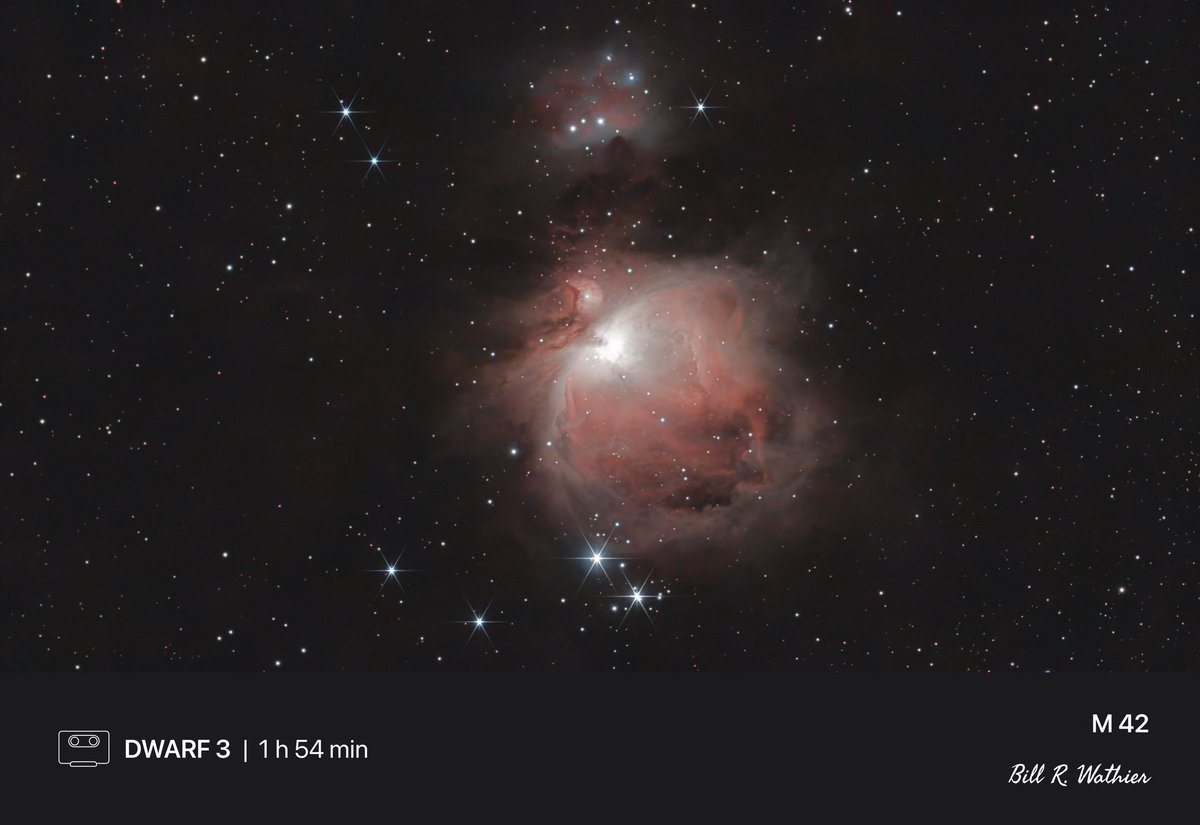 BillWathier's tweet photo. The #GreatOrionNebula #M42
#Messier42 Captured with #Dwarf3 @DwarfLab in Bortle 4 - 5 skies with a nearby bright light source. 15 sec shutter Gain of 60 as a mosaic for total integration of 114 minutes. https://t.co/TBLFN1m5KL