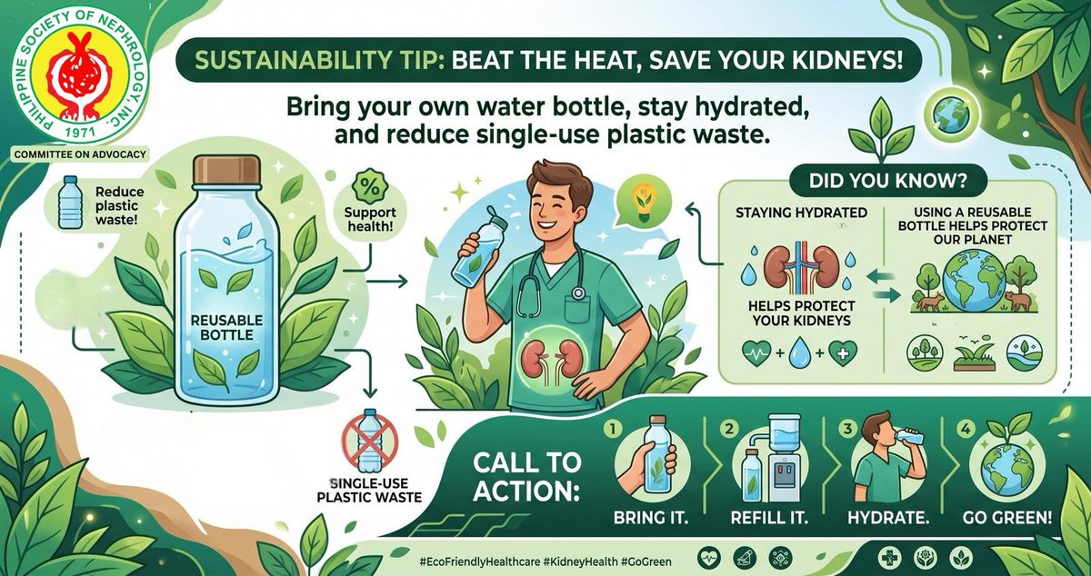 MariaIs61239044's tweet photo. Beat the heat, save your kidneys, and save your planet! 

Bring your own reusable water bottle, stay hydrated, and help reduce single-use plastic waste. 

Bring it. Refill it. Hydrate. Go green!

#ChooseGreenTuesday #GreenNephrology #SustainableHealthCare https://t.co/xbqZrYNRYb