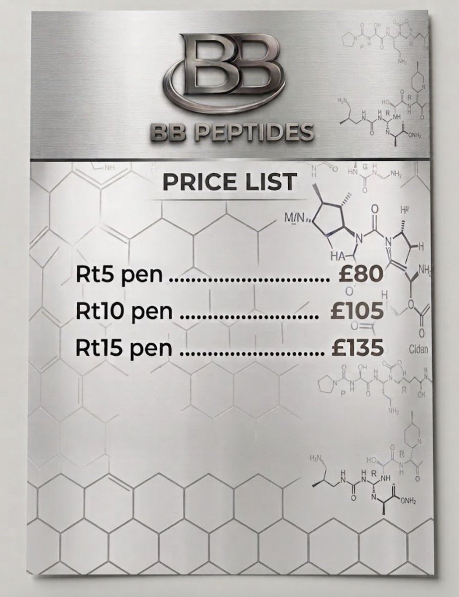 BBPeptides's tweet photo. Retatrutide GLP3 pen price list 

Uk next day delivery 

All other peptides on stock list availed in pen form ask for pricing https://t.co/xBQruyyFkD