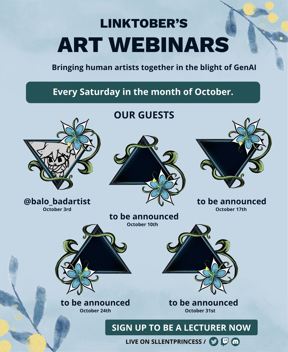 SlLENTPRINCESS's tweet photo. LINKTOBER'S ART WEBINARS

so happy to finally announce a special project @balo_badartist and i have been working on

to celebrate @linktober and human artists, we will be hosting a series of art seminars throughout october, free and open for everyone to attend 🩵

if you're an artist and would like to be a key speaker, sign up in the link below!