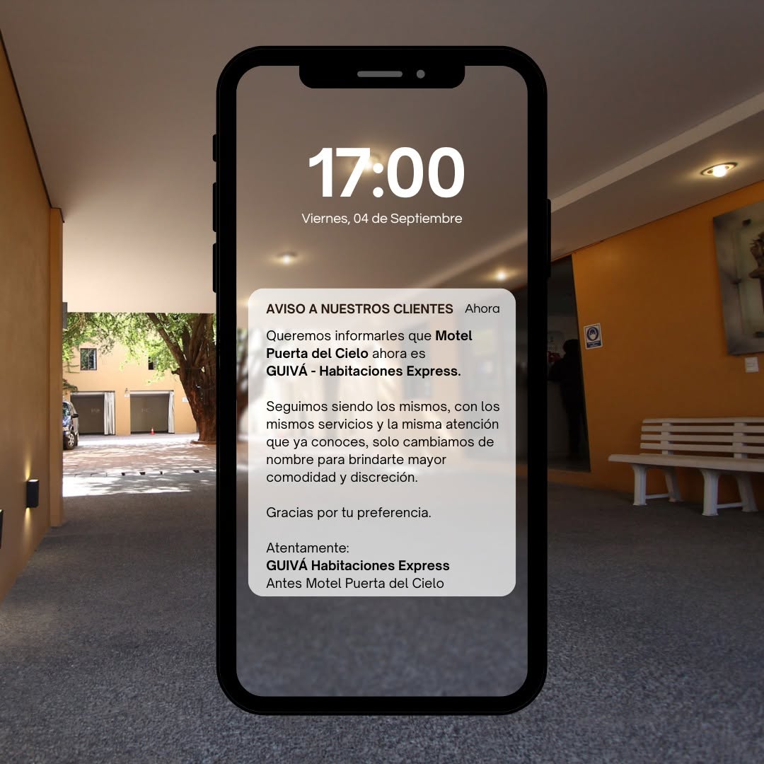 CieloexpressG's tweet photo. Evolucionamos para ti.
Motel Puerta del Cielo ahora es GUIVÁ Habitaciones Express. Mismo lugar, mismos servicios y la misma atención de siempre, ahora con un nombre que te brinda más comodidad y discreción.
Gracias por seguir prefiriéndonos.
Te esperamos. https://t.co/GrXz9Mnnv4