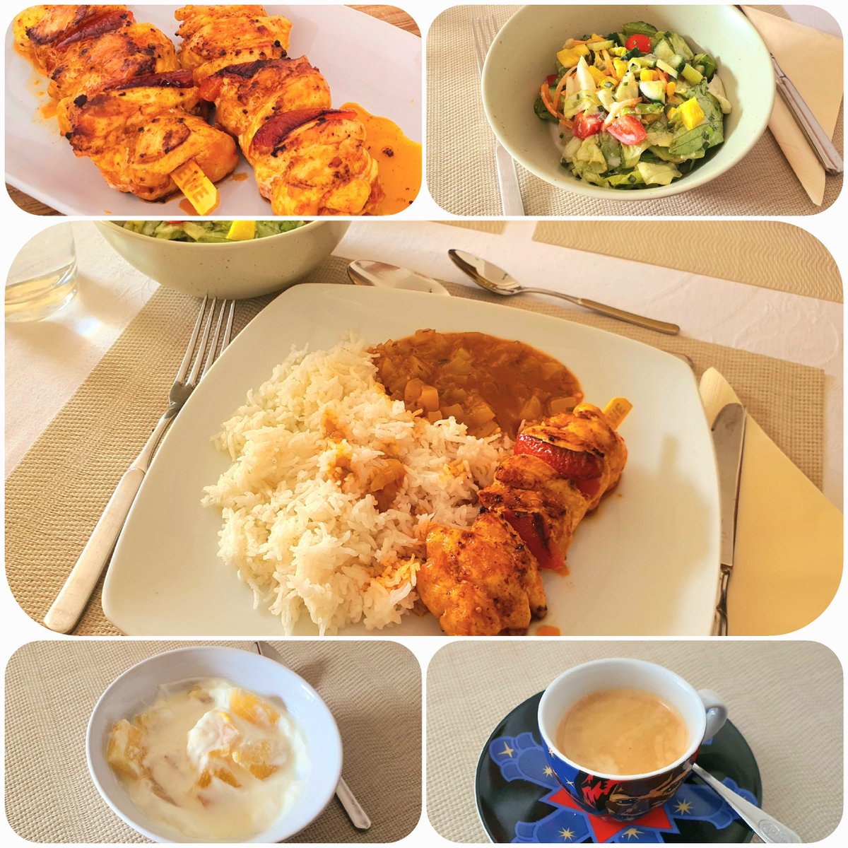 JurgenSpiess's tweet photo. #Mittagessen
Heute hatte wieder @spiess_petra alleine das Kommando in der Küche und hat eine leichte Mahlzeit komponiert:
"Hähnchenspieße mit Paprika-Reis und Salatbowl"
Lecker wars 😋 https://t.co/3SQlnvu6X9